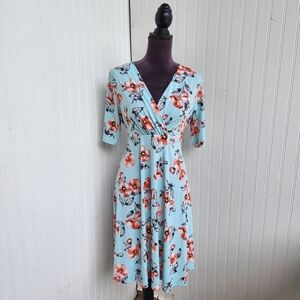 My Bump Pink Blue Floral Stretch Maternity Dress Short Sleeve Tie Back Large